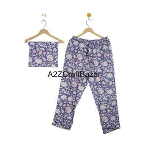Conjunto de Pijama Floral Estampado a Mano en Bloque Indio 100% Algodón Puro para Mujer, Manga Larga para Niñas y Mujeres - Product Image 3