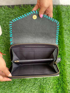 มาใหม่มือเครื่องมือแกะสลักกระเป๋าสตางค์หนังคลัทช์เคสโทรศัพท์หนัง Cowhide สไตล์สีเทอร์ควอยซ์กระเป๋าสตางค์สําหรับผู้หญิง - Product Image 5