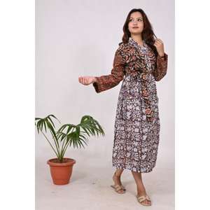 Bata de Kimono con estampado de bloques florales hecha a mano para mujer, vestido de salón bohemio, algodón indio ecológico, 100%, suave, lavable, otoño Natural - Product Image 4