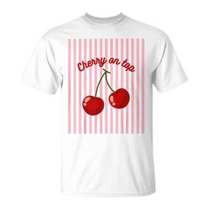 T-shirt estetica a righe rosa ciliegia Cherry Girl on Top per promozioni - Product Image 1