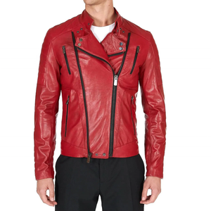 Chaqueta de Motociclista de Cuero Genuino Rojo para Hombre, Cuello Alto con Cremallera, Chaqueta de Cuero Vacuno Genuino Personalizada de Fábrica - Product Image 5