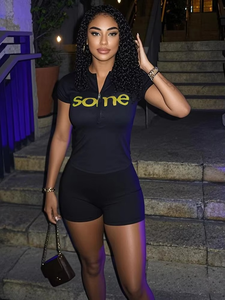 Conjunto Deportivo Casual de Dos Piezas para Mujer, Top Corto con Cierre + Pantalones Cortos a la Rodilla, Trajes Urbanos - Product Image 3