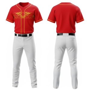 <b>Top</b> Selling Red Sublimation Baseball Uniform Set Yellow Geometric Chest Print V-Neck Jersey with <b>White</b> Belted Pants - Product Image 1