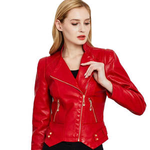 Chaqueta Varsity de Lona con Estampado Rojo y Exterior de PU, Transpirable, Informal de Invierno, Estilo Vintage, Cierre de Cremallera, Corte Ajustado, para Mujer - Product Image 1