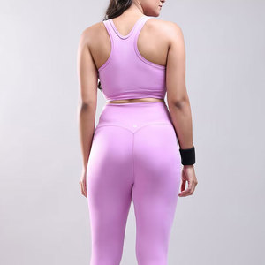 Ensemble de yoga pour femme 2 pièces : Legging taille haute et crop top dos nageur à col rond, en Spandex et Polyester, réversible, couleur unie - Product Image 4