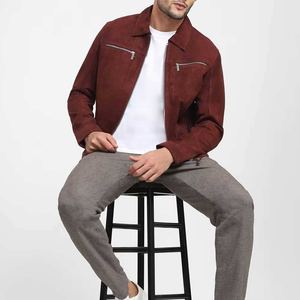 Classic <b>Brown</b> <b>Men</b> <b>Suede</b> Leather Canvas Winter <b>Jacket</b> with Stand Collar Waterproof & Breathable Front Logo for Casual Outdoor Use - Product Image 4