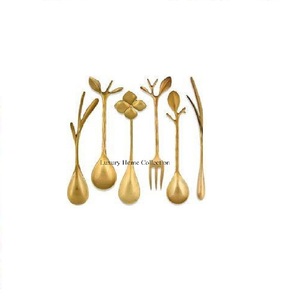 New Brass Made Leaf Design Handle Cutlery Set Gold Color <b>Mirror</b> Polished Admirable Look <b>Tabletop</b> Flatware Silverware Dinnerware - Product Image 3