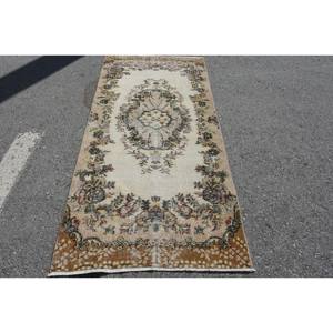 Tapis turc fait main classique Beige marron 3.1x6.8ft pour salon chambre ou couloir pour adolescents matériel fourrure - Product Image 1