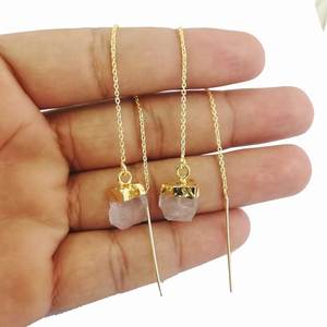 Boucles d'oreilles enfileur de pierres précieuses en quartz rose brut faites à la main octobre bijoux de pierre de naissance boucles d'oreilles en cristal naturel délicat pour les femmes - Product Image 3