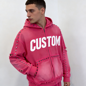 Street Casual Factory Wholesale Hot Pink <b>Studded</b> Full-Zip Distressed Ripped Frayed Edge Customizable Oversized <b>Men</b> Hoodies - Product Image 2