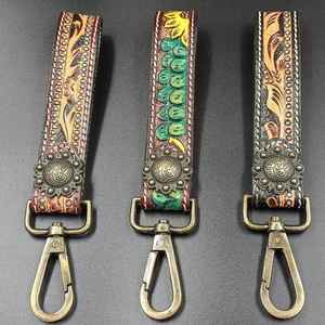 Handcrafted Durable <b>Vintage</b> Style Western Genuine Leather <b>Key</b> Fob Keychain Custom Logo Oval Shape Letterpress Printing Custom - Product Image 2