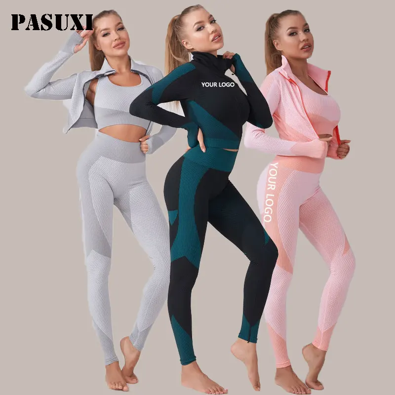 PASUXI Top Selling Womens Long Sleeve Yoga Set With Zipper Fitness Workout Active Apparel 3 Pieces Athletic Wear Clothing Gym Se