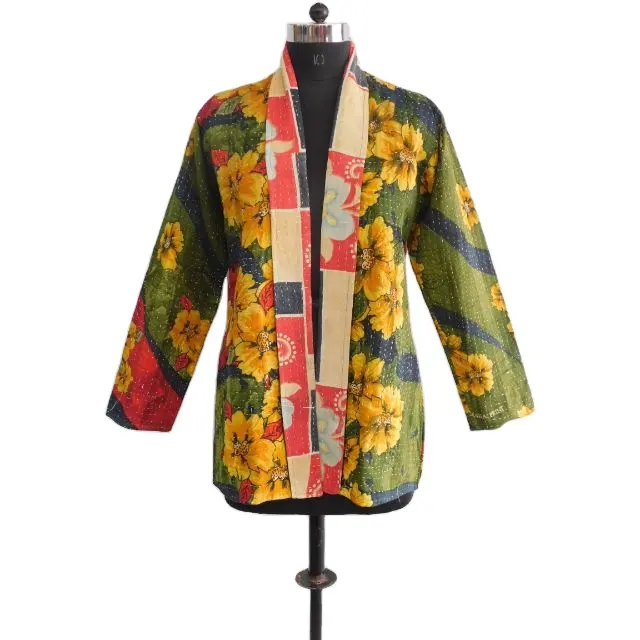 Indian vintage cotton kantha jacket hand block floral printed women partywear coat