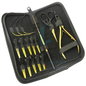<b>Hair</b> <b>Extension</b> <b>Tools</b> Kit <b>Hair</b> <b>Extension</b> Pulling Hook C Shape Needles Stark Scissor & Microbead Applicator Pliers With Brand Logo - Product Image 1