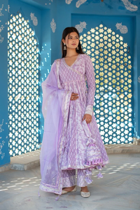 CHHIPA BAZAR LILA ALGODÓN BLOQUE DE MANO GOTA PATTI ANGRAKHA SET Cachemira Impreso Algodón Puro Kurta Con Pantalones & Dupatta - Product Image 6