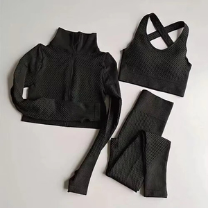 3 Piece High Waist Gym Yoga Set Solid Pattern Sports <b>Bra</b> and Leggings with Elastic Closure Compression Yoga Wear - Product Image 2