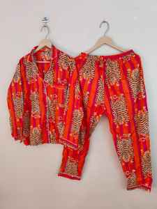 Conjunto de Pijama de Algodón con Estampado Animal Naranja, Cuello en V, Estampado por Serigrafía, para Mujer, Manga Larga, Verano - Product Image 6