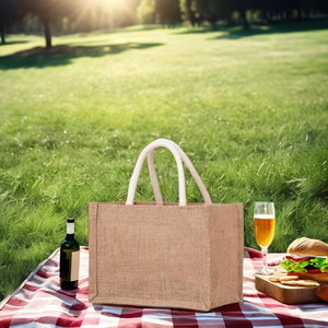 Bolsa de compras reutilizable ecológica de alta calidad, diseño de logotipo personalizable, bolsa de transporte de yute de arpillera Natural de reciclaje fuerte, Lisa - Product Image 5