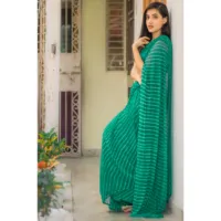 Sari indien en soie Georgette vert Leheriya, style Bollywood, motif Rama Embarrassed, broderie, longueur ras du sol, infroissable, résistant au soleil