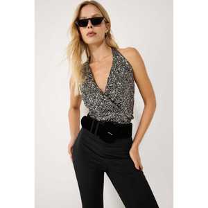 Blusa Casual Plateada con Lentejuelas, Cuello en V, Detalle en la Espalda, Talla XXL para Mujer, Tejido de Punto, Estampado, Vestido de Oficina para Otoño - Product Image 4