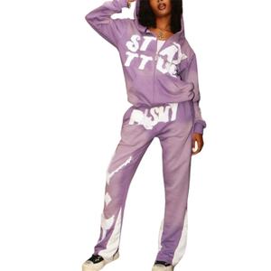 Ensemble de survêtement streetwear en molleton bouclette 100% coton, grammage lourd, avec sweat à capuche zippé et pantalon évasé, effet délavé soleil, teint en pièce, faible MOQ, pour l'hiver, en gros - Product Image 4