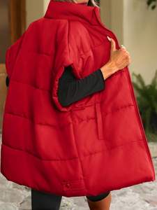 Women's Oversized Quilted Canvas Puffer Vest with Pockets Stand Collar Sleeveless <b>Fluffy</b> Jacket - Product Image 2