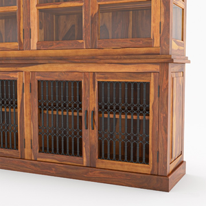 Aparador de Cocina Antiguo de Madera de Teca Maciza Ecológica con Puertas de Vidrio y Rejilla de Hierro, Estilo Rústico Hecho a Mano para Comedor, Java - Product Image 6