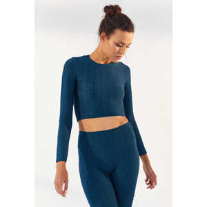 Camiseta Corta de Manga Larga con Cuello Redondo y Patrón Jacquard Índigo para Mujer TOMMYLIFE - Corte Ajustado, Mezcla de Poliéster y Elastano para Uso Casual - Product Image 5