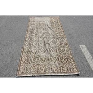 Traditional Beige <b>Brown</b> <b>Wool</b> Rug 3.7 X 7.6 ft Handmade Turkish Patchwork Design for Entryway Hallway Living Room Use Latex - Product Image 1