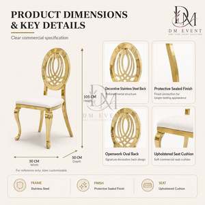 Chaise de mariage en acier inoxydable doré à dossier rond ajouré orné avec coussin blanc pour événements de mariage et banquets – Sièges événementiels - Product Image 4