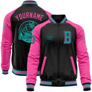 Vente en gros dans l'industrie directe Blouson bombardier Letterman noir aqua-rose décontracté pour l'hiver veste à fermeture éclair bicolore - Product Image 1