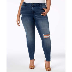 Jeans Skinny Strappati da Donna Taglie Forti, Stile Casual con Collo Alto, Lavaggio Chiaro, Tessuto Morbido, Estivi, Blu, Petite 4XL - Product Image 1