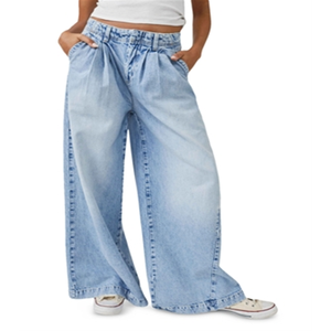 Jeans a Gamba Larga in Cotone Free People Open Sky Blue Equinox, Pantaloni Boyfriend Traspiranti in Denim Stile Semplice Taglia XL con Logo in Vita - Product Image 4