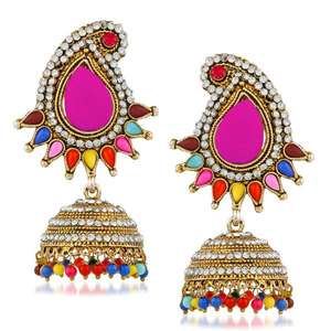Kriaa Vintage Ethnic Jhumki <b>Earrings</b> with Austrian Stone Multi-Potemkin <b>Tassels</b> Gold Plated Brass for Party or Gift 1311507F - Product Image 1