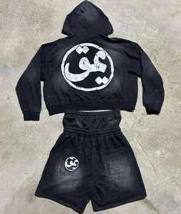 Double Waisted Rhinestone Acid Wash Sweatsuit for <b>Men</b> Sun Faded Cotton Zip Hoodie & Flared Sweatpants Set - Product Image 2