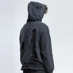 100% coton lourd lavage à l'acide pull à capuche pour hommes personnalisable Vintage épais hiver sweat déchiré brut ourlet en détresse - Product Image 3