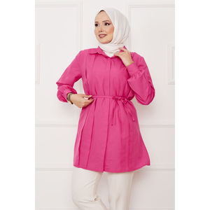 Camisa Hijab Larga Color Fucsia con Botones Ocultos y Detalle de Pliegues, Blusa Modesta - Product Image 4