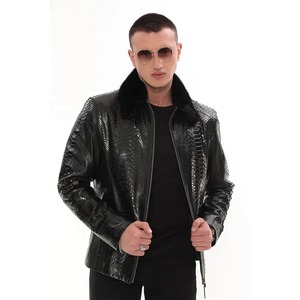 Chất Lượng Tốt Nhất Của Nam Giới Da Đen Biker Áo Khoác Với Da Rắn <span class=keywords><strong>Python</strong></span> Dập Nổi Da Cừu Da Áo Khoác Và Màu Đen Faux Fur Cổ Áo - Product Image 3