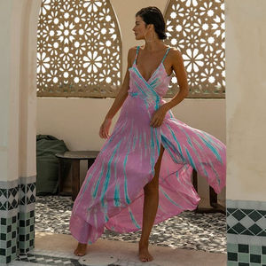 2022 venta al por mayor de moda para niñas cárdigan con cubierta suelta Kimono Tie Dye estampado ropa de playa larga vestido informal de cintura Natural - Product Image 4