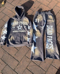 Precio razonable algodón desgastado parche bordado ácido lavado apliques Zip Hoodie Joggers hombres acampanados pantalones de chándal - Product Image 3