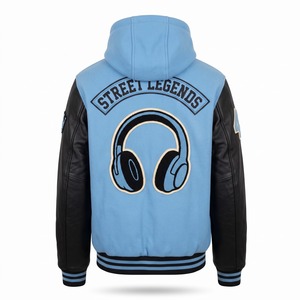 Chaqueta Letterman con Capucha Azul Cielo y Negra, de Lana con Mangas de Cuero, Parche de Chenille con Auriculares, Personalizada OEM - Product Image 2
