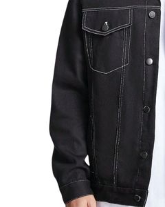 Veste en jean noire pour homme avec surpiqûres contrastées blanches, boutonnée, poches classiques, style streetwear décontracté - Product Image 6
