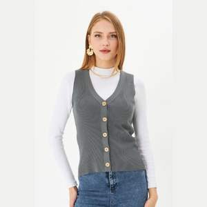 Chaleco de punto de pana informal con estilo para mujer, ropa exterior de algodón de invierno con decoración de botones, longitud del chaleco - Product Image 1