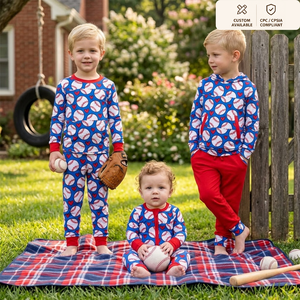 Conjunto de pijama OEM/ODM para niños con estampado de corazón de béisbol, sudadera con capucha de manga larga, pantalones, mono con cremallera, ropa para niños pequeños, ropa para niños. - Product Image 1