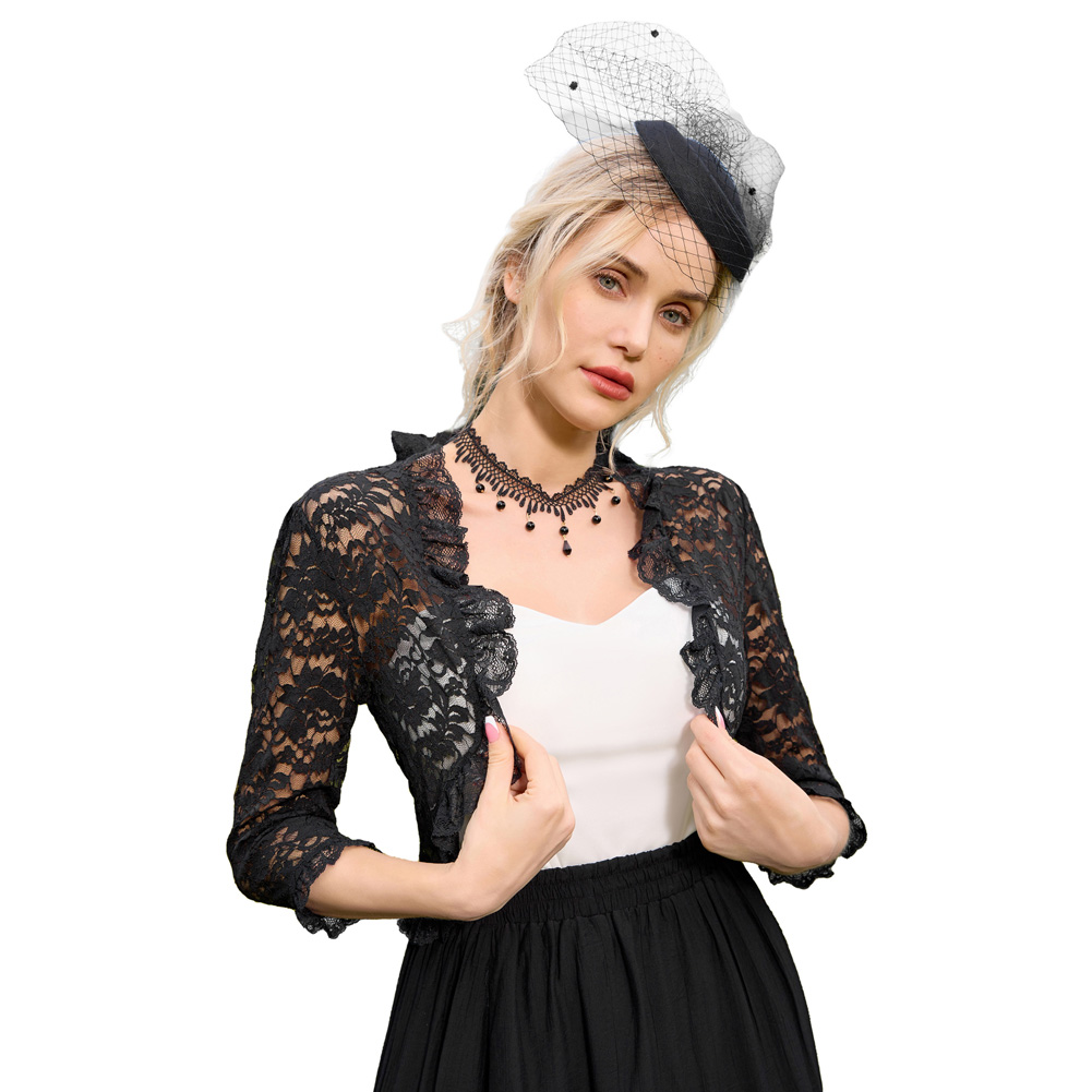 Scarlet Darkness Wholesale Women Renaissance Lace Shrug 3/4 Long Sleeve Open Front Ruffled Bolero Jacket for Dress