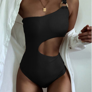 Traje de baño de dos piezas con un hombro descubierto, metálico, de Spandex/Nylon, con efecto push-up, tipo bandeau, con patrón de punto elástico - Product Image 6