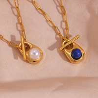 Collier Pendentif Chaîne Trombone en Acier Inoxydable Doré avec Pierre Naturelle Lapis Lazuli Bleue et Perle, Bijou Tendance