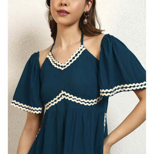 Deebaco Women's Navy Blue Off-Shoulder Maxi <b>Dress</b> With Contrast Binding Loose Boho Style Chiffon Summer Casual One Piece <b>Dress</b> - Product Image 2