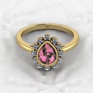 Christmas Sale 925 Genuine <b>Silver</b> Women's Engagement <b>Ring</b> 6X8mm Pear Pink Black Copper Turquoise Gemstone CZ Wedding Jewelry - Product Image 1
