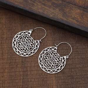 Sri Yantra Geometric <b>Solid</b> <b>Silver</b> Hoop Earring 925 Sterling <b>Silver</b> Bohemian Indian Wholesale Jewelry For Women - Product Image 3